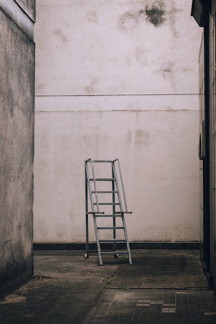 A small, silver aluminum step ladder with metal rails and a textured platform in the middle stands upright on a gray concrete pavement within a narrow outdoor space. The ladder is positioned against a